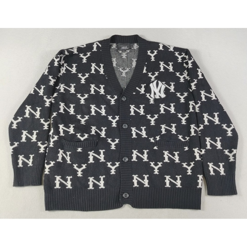 MLB New York Yankees Sweater Mens Large Black Baseball Cardigan Knit RARE‎